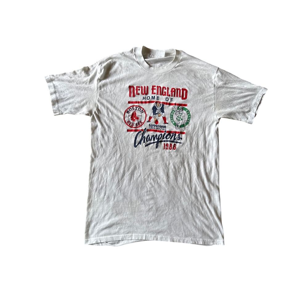 Vintage ‘86 New England Boston Champions USA Made Single Stitch M White Tee